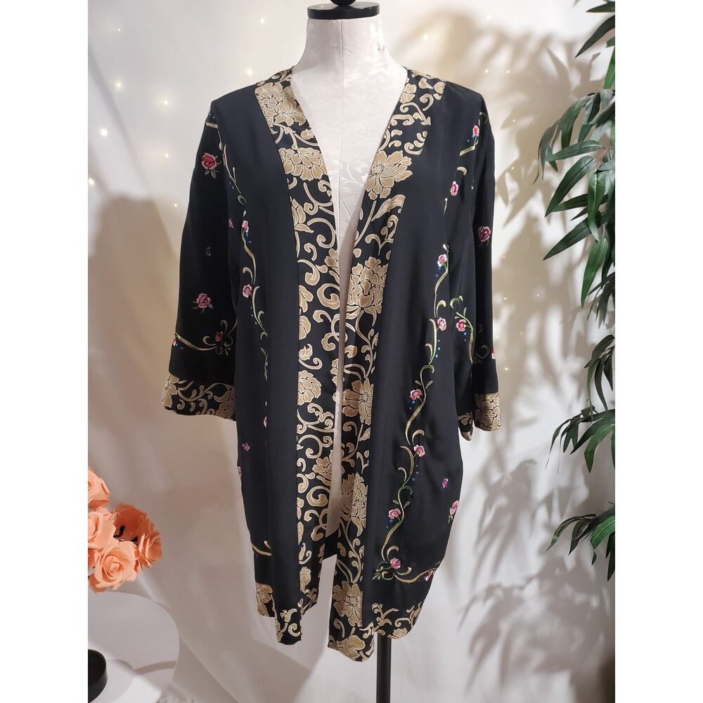Vtg 90s Yi Lin Silk Embroidered Floral Asian 3/4 Sleeve Kimono Womens S Black